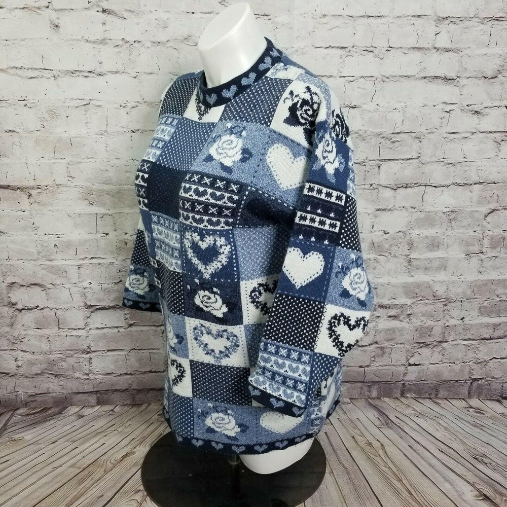 Vintage 90s Grace L Patchwork Sweater Hearts Roses Blue Knit Cottagecore Kitsch - Picture 4 of 9